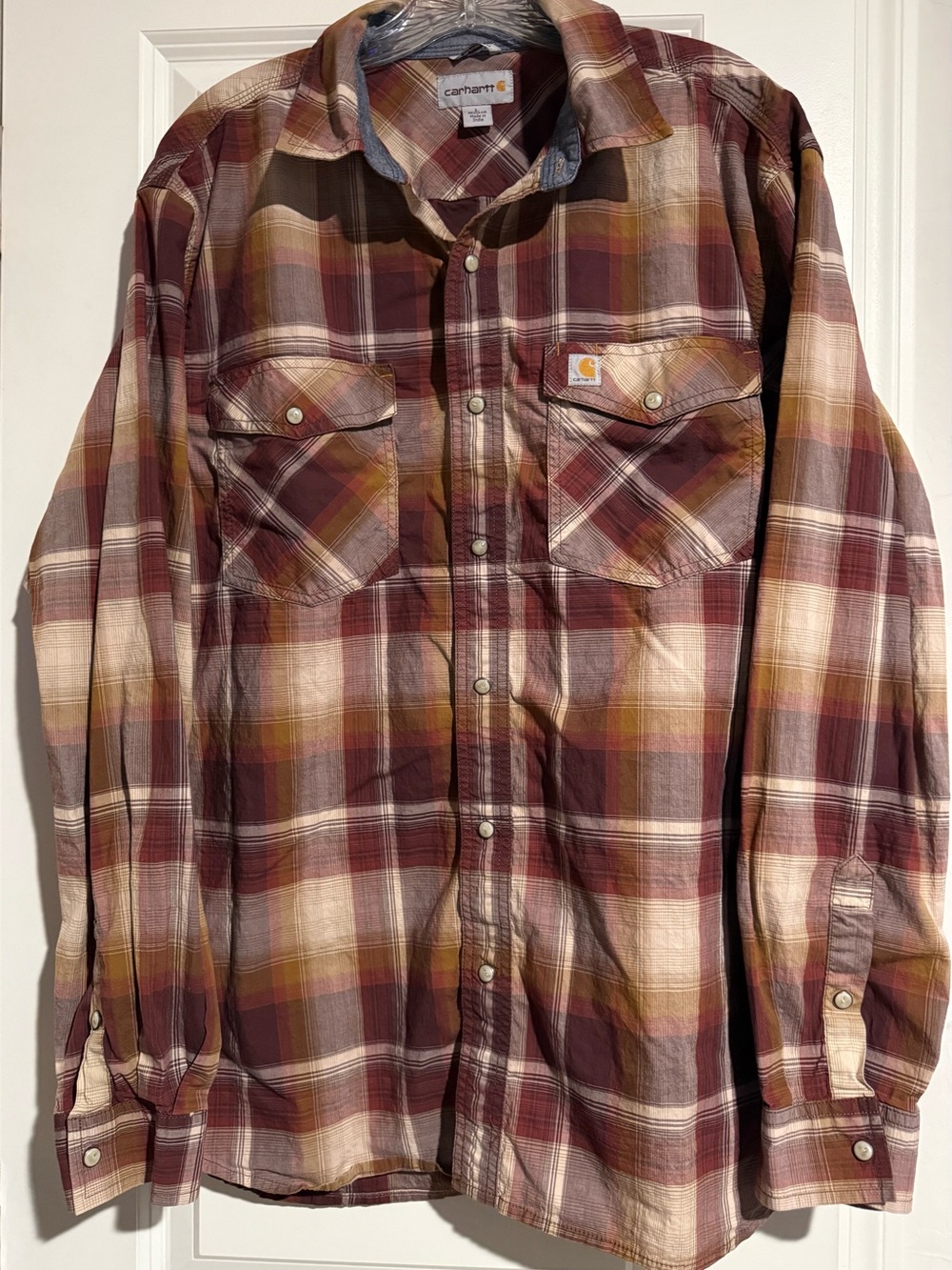 Carhartt Men's Maroon Plaid pearl snap shirt large
